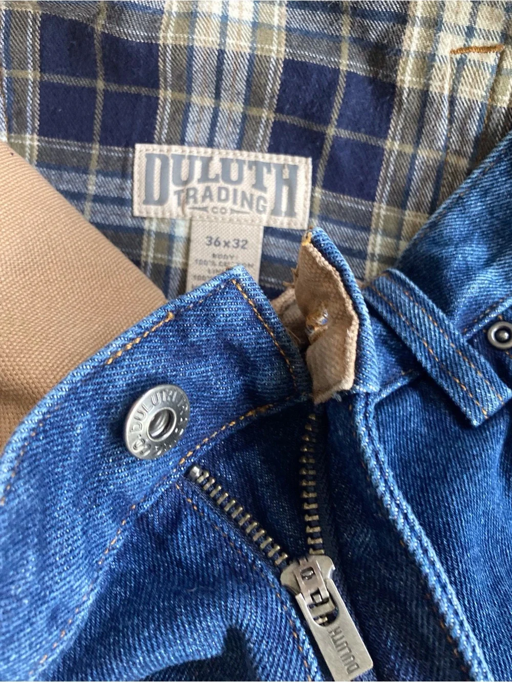 Duluth TradingCo. Men’s Ballroom PremiumDenim Jeans 36X32 Blue/Tan Flannel Lined